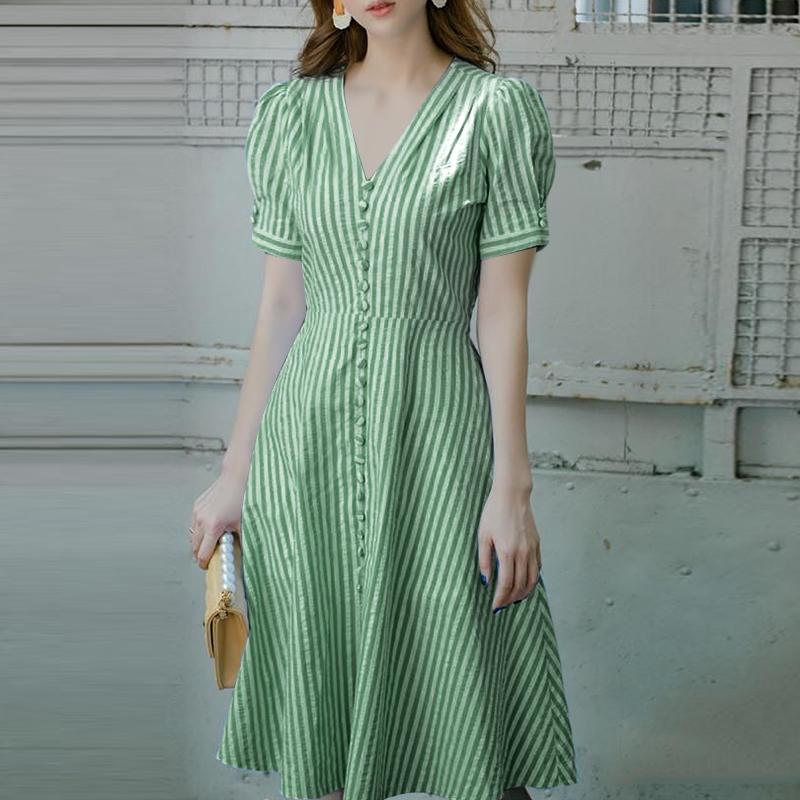 

ZANZEA Женское летнее повседневное платье с V-образным вырезом, коротким рукавом и полоску 3XL зелёный