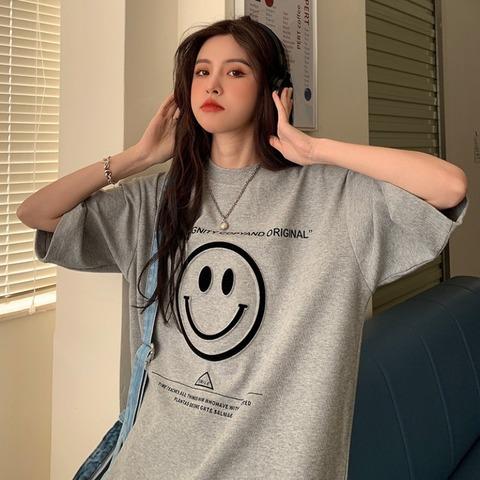 Women's Smiley Face Letter Print Oversized Short Sleeve T-shirt Mid Length Cover Hip Casual Tee