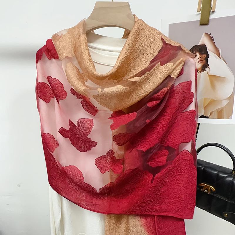 Shawl Scarf Advanced New Gradual Change Flower Long Silk Scarf Yarn Versatile Sunscreen Shawl