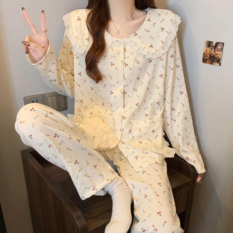 Pigiama in Cotone a Nuvole Pois - Set da Donna a Manica Lunga con Collo da Bambola per Primavera e Autunno