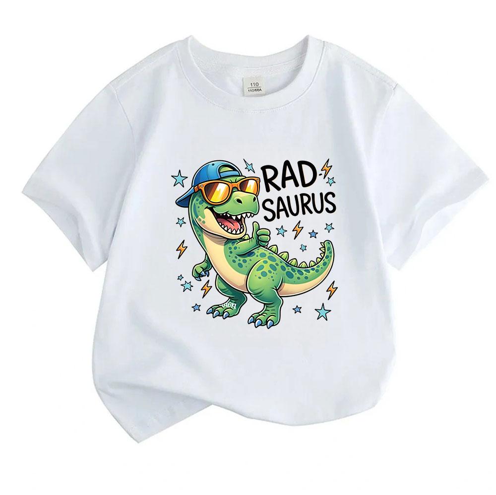 Kids Boys Girls 100% Cotton Crew Neck Short Sleeve T-Shirt, Cool Rad Saurus Dinosaur Print Casual Tees for Children Summer Daily Wear