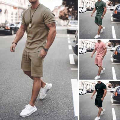 Conjunto deportivo e informal de 2 piezas para hombre, camiseta de manga corta con cuello redondo y pantalones cortos de verano