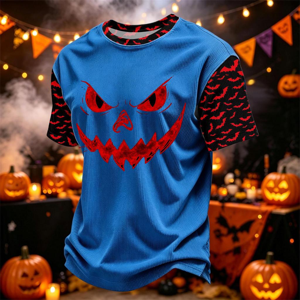 Men's Casual Corduroy Short Sleeve Crew Neck Lightweight Breathable Top Halloween Print Design Comfortable Fit