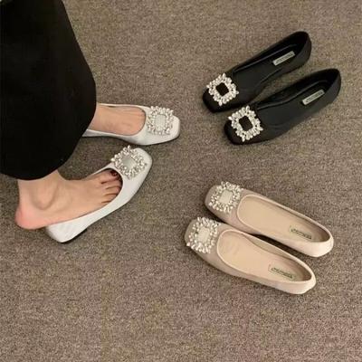 Chaussures Plates Femme Bout Carré Strass 2026 Automne Décolleté Bas Chaussures Plates Mode Confortables Soie Extérieur Chaussures Décontractées