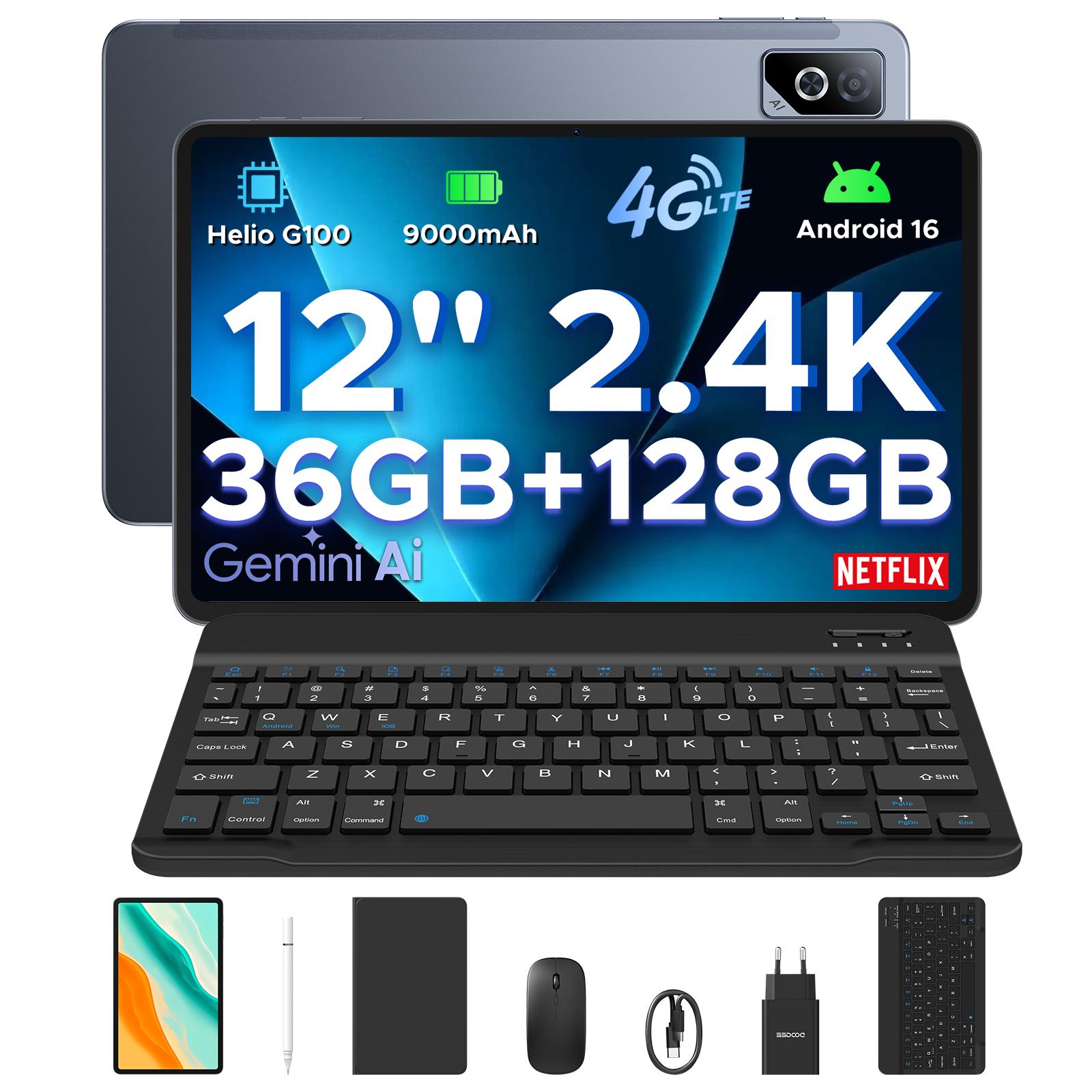 DOOGEE Tab G6 Pro 12palcový 2.4K Tablet, Tablet s Androidem 16 s Klávesnicí, 36GB+128GB/2TB, Baterie 9000mAh, 4G LTE, Tablet s Perem, Myší a Pouzdrem šedá barva