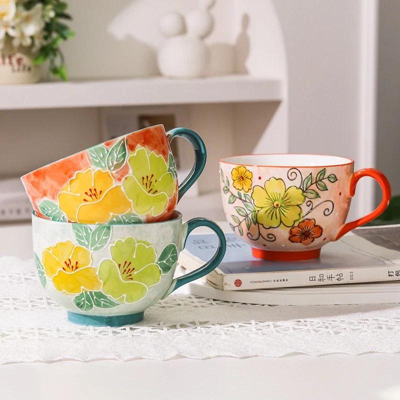 500ml Ceramic Cup Handmade Glyptic Breakfast Bowl Large Capacity Water Cup for Office Porcelain Coffee Mug for Afternoon Tea