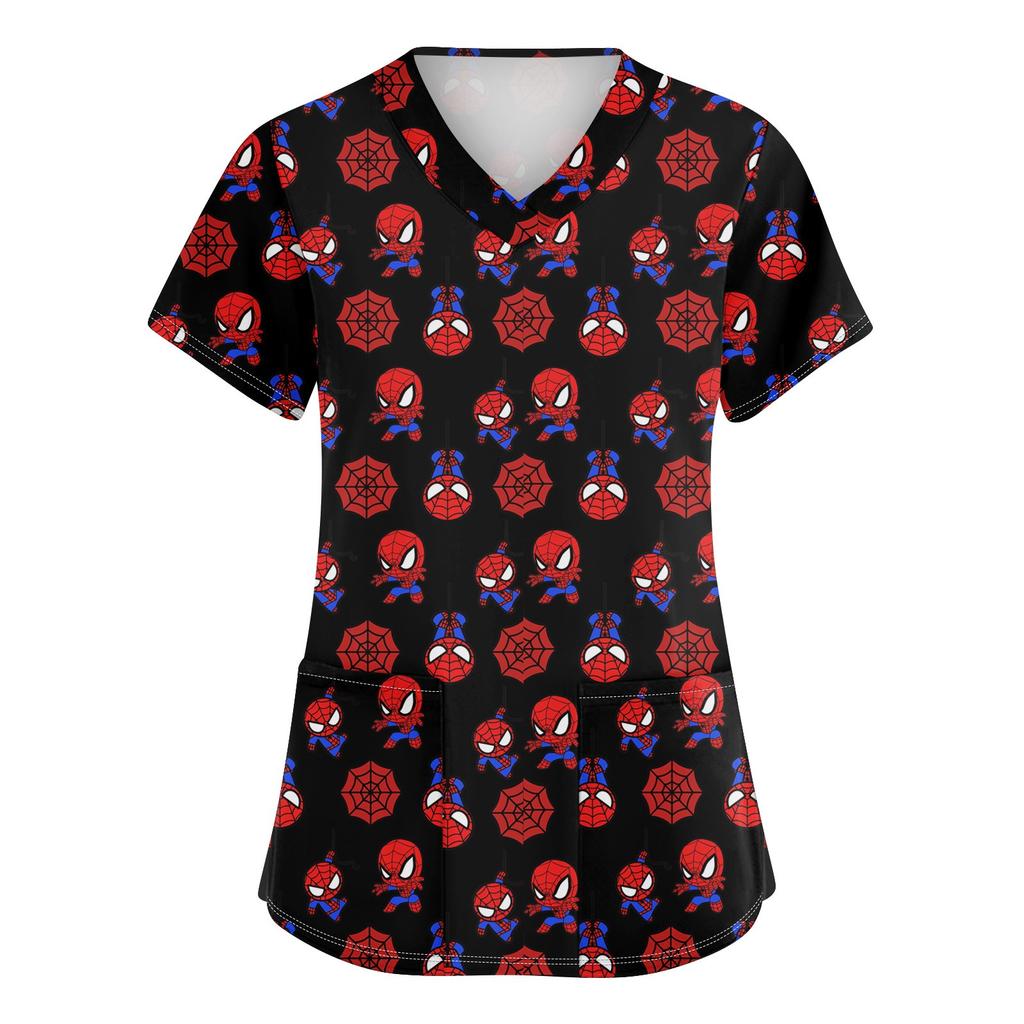 Women's Fashion V-neck Short Sleeve Workwear With Pockets Printed Tops