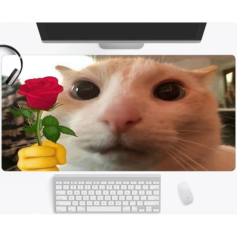 Large Cat Mouse Pad with Floral Pattern Waterproof NonSlip Rubber Base Stitched Edge Mouse Pad for Desk 800x300x2mm