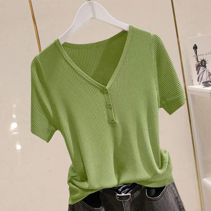 Women Ice Silk Short Sleeve Knitted V Neck T Shirt Versatile Pullover Simple Top