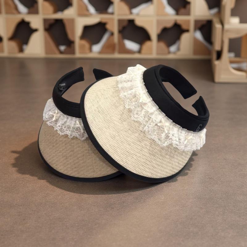 Sun Hat Summer Women's Sun Protection Lace Bow Empty Top Hat Vinyl Eaves Sun Protection Sun Hat Travel