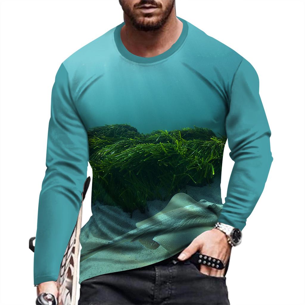 New Ocean Scenery Print Summer Men's Round Neck T-shirt Casual Long Sleeve Oversized T Shirt Fashion Pullover Trend Men Clothing