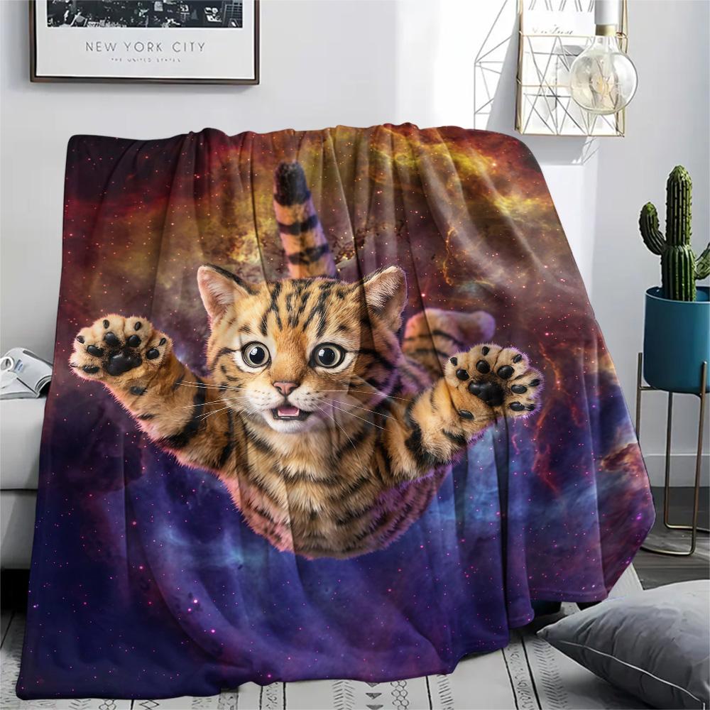 1Pc Galaxy Cat Dog Print Flannel Blanket High Quality Warm Comfortable Cover for All Seasons Perfect for Gifts Home Decor