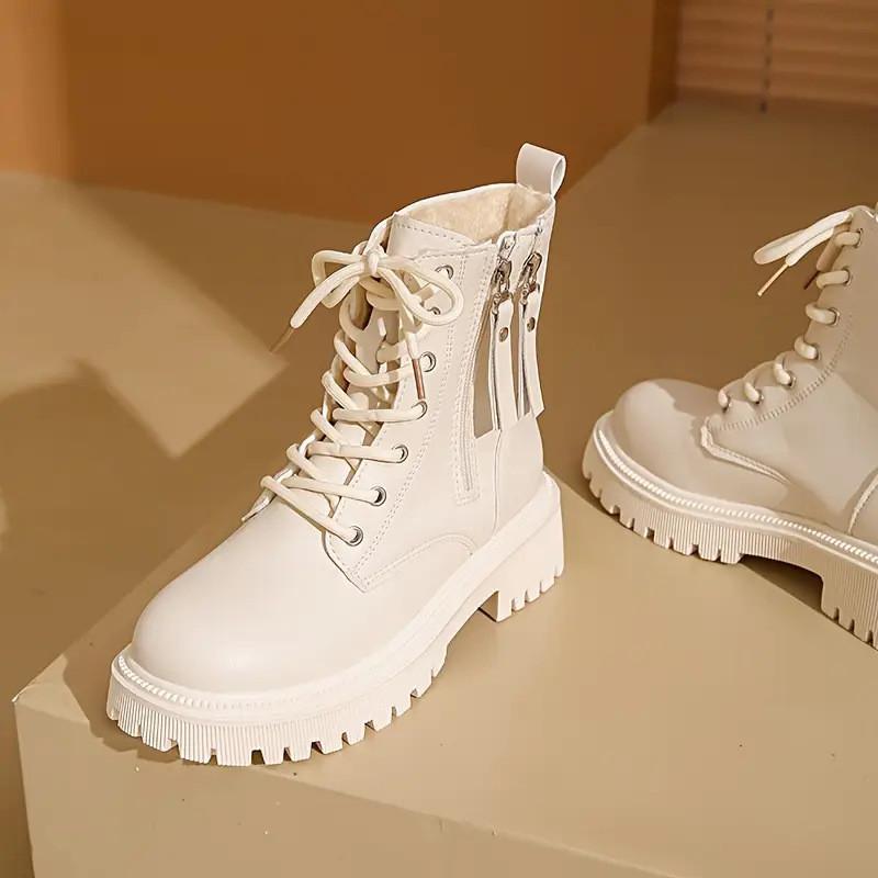 Fashionable Faux Pu Leather Round Toe Martin Boots With Thick Bottom And Warm Lining