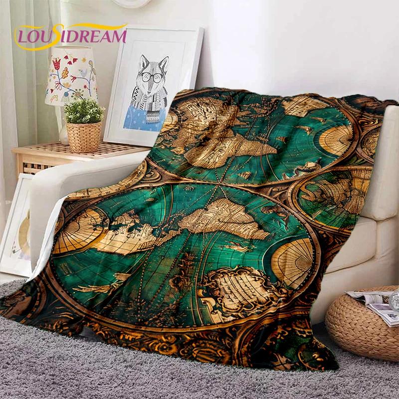 Retro Antike Seekarte Kraft Weltkarte Kompass Weiche Decke, Weiche Überwurfdecke für Zuhause Schlafzimmer Bett Sofa Abdeckung Kind