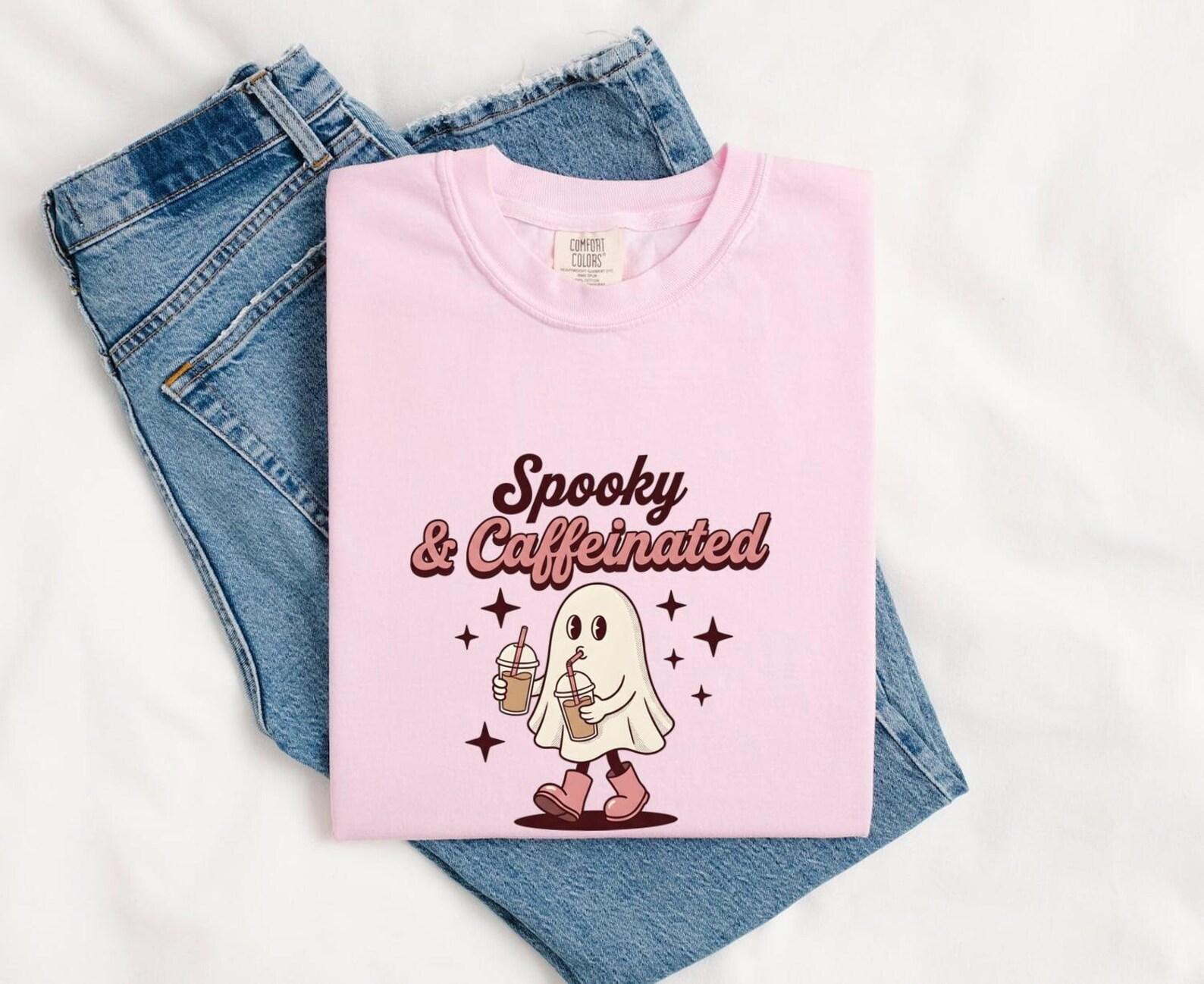 Ghost Coffee Shirt Halloween Coffee Gift Women Cartoon Tee Coffee T-Shirt Horror Fan Cartoony Tshirt Coffee Design Retro Stars Tshirt L