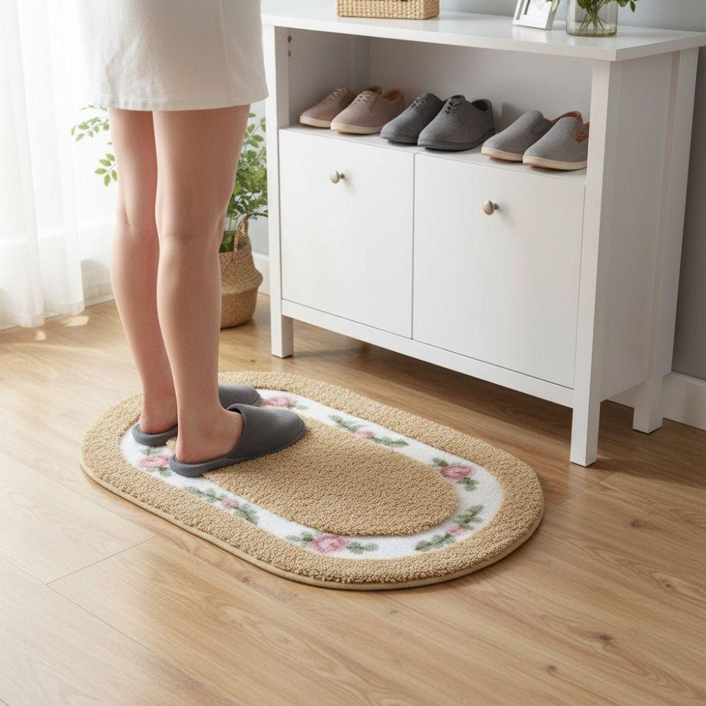 Practical Fluffy Rose Pattern Door Mat Nonslip Absorbent Bath Mat Thickened Pastoral Style Oval Floor Rug Porch