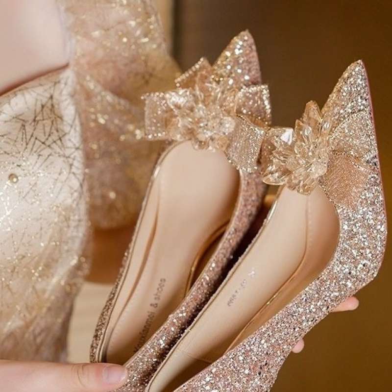 French Stiletto Crystal Sequins Silver Fairy High Heels New Bow Bridal Wedding Shoes Main Dress
