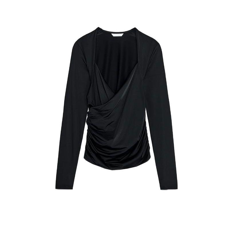 Spring New Women's Clothing Fashion Pure Desire Wind Minimalist Nylon Ruched Long Sleeves Vertical Collar Top 3641315