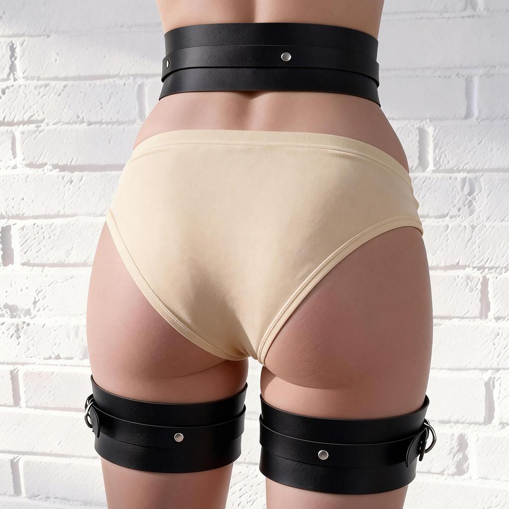 Fashionable Women'S Black Leather Garter Belt Set, Adjustable Waist And Thigh Harness For Lingerie, Clubwear, Rave Party Outfits
