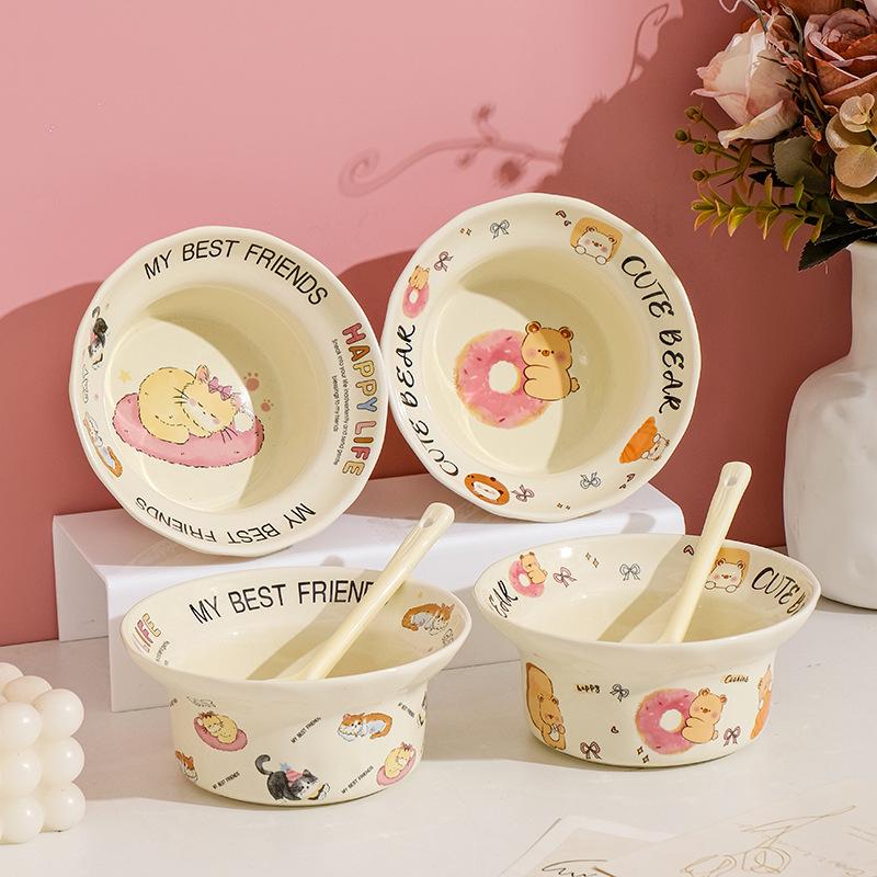 Cute Ceramic Dessert Bowl Round Cartoon Salad Bowl Tableware Household Eating Rice Bowl Dormitory Couple Bowl Spoon Set