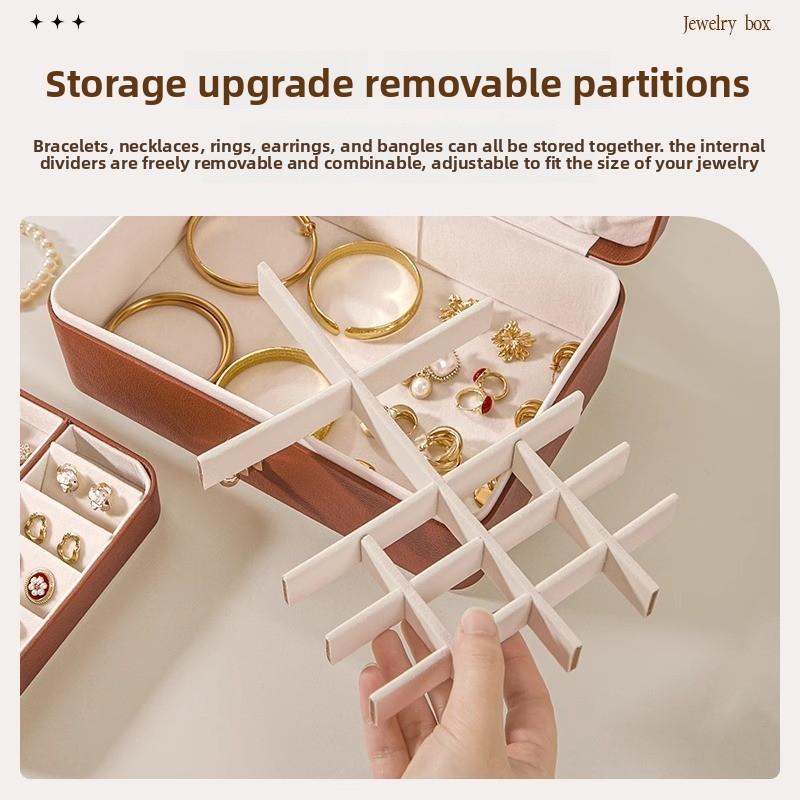 Lockable Zoned Jewelry Box with Stud Earrings, Necklace and Ring, Large Capacity, Multi-layer Leather, Light Luxury Dust-proof Jewelry Storage