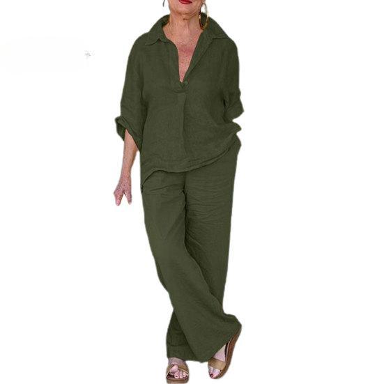 2Pcs/Set Classic 3/4 Sleeve Anti-pilling Casual Outfit Women Shirt Top Loose Long Pants Set Daily Garment