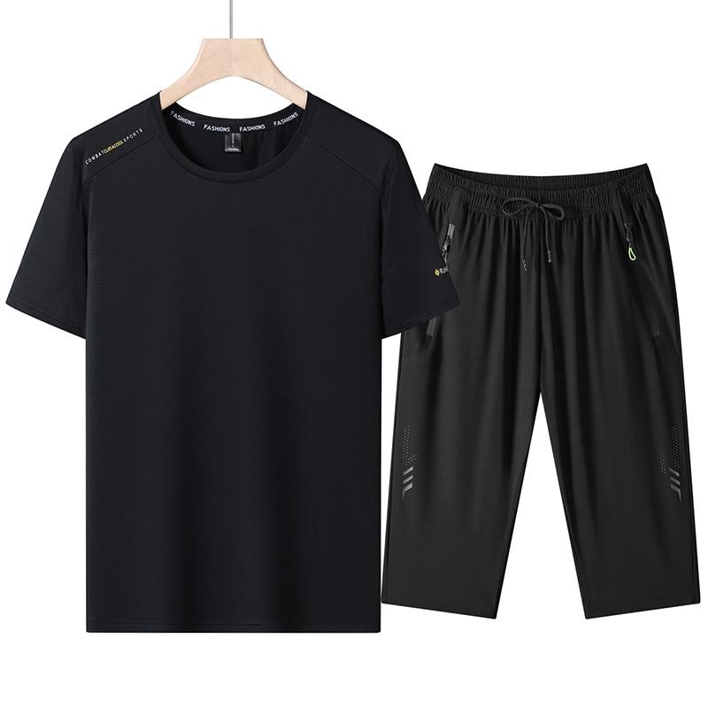 Summer Ice Silk Round Neck Short Sleeve Suit Men's Outdoor Sports Loose Quick-drying T-shirt Cropped Trousers Two-piece Suit