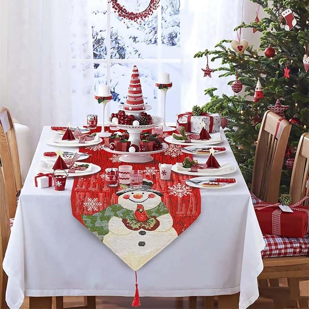 Red Christmas Table Runner Tree Santa Claus Tablecloth Flower Linen Table Cover  Christmas Eve
