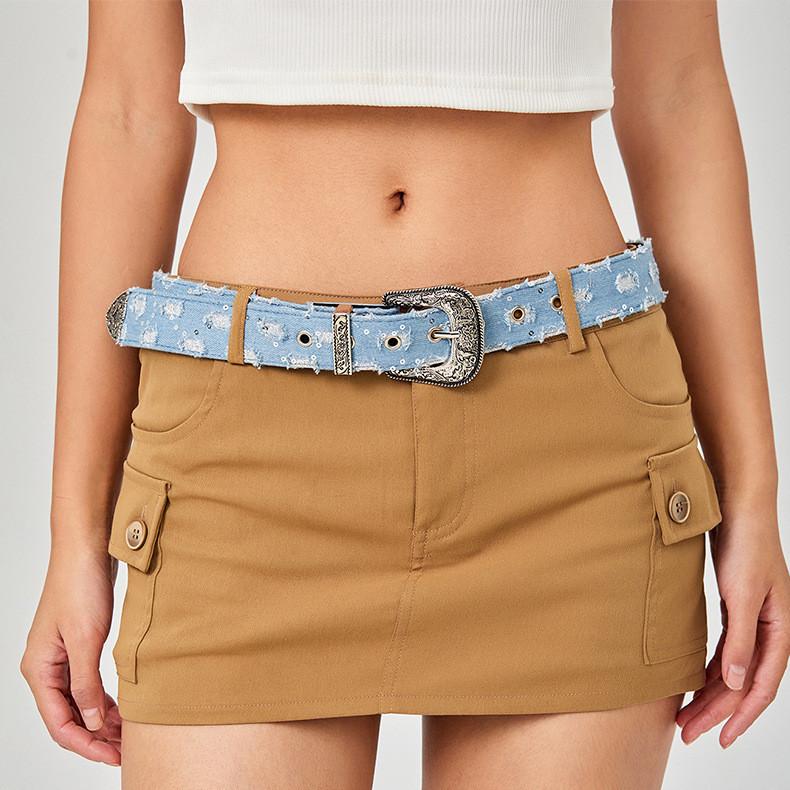 Cloth Retro Denim Carved Buckle Blue Waistband Adjustable Fit Fabric Material