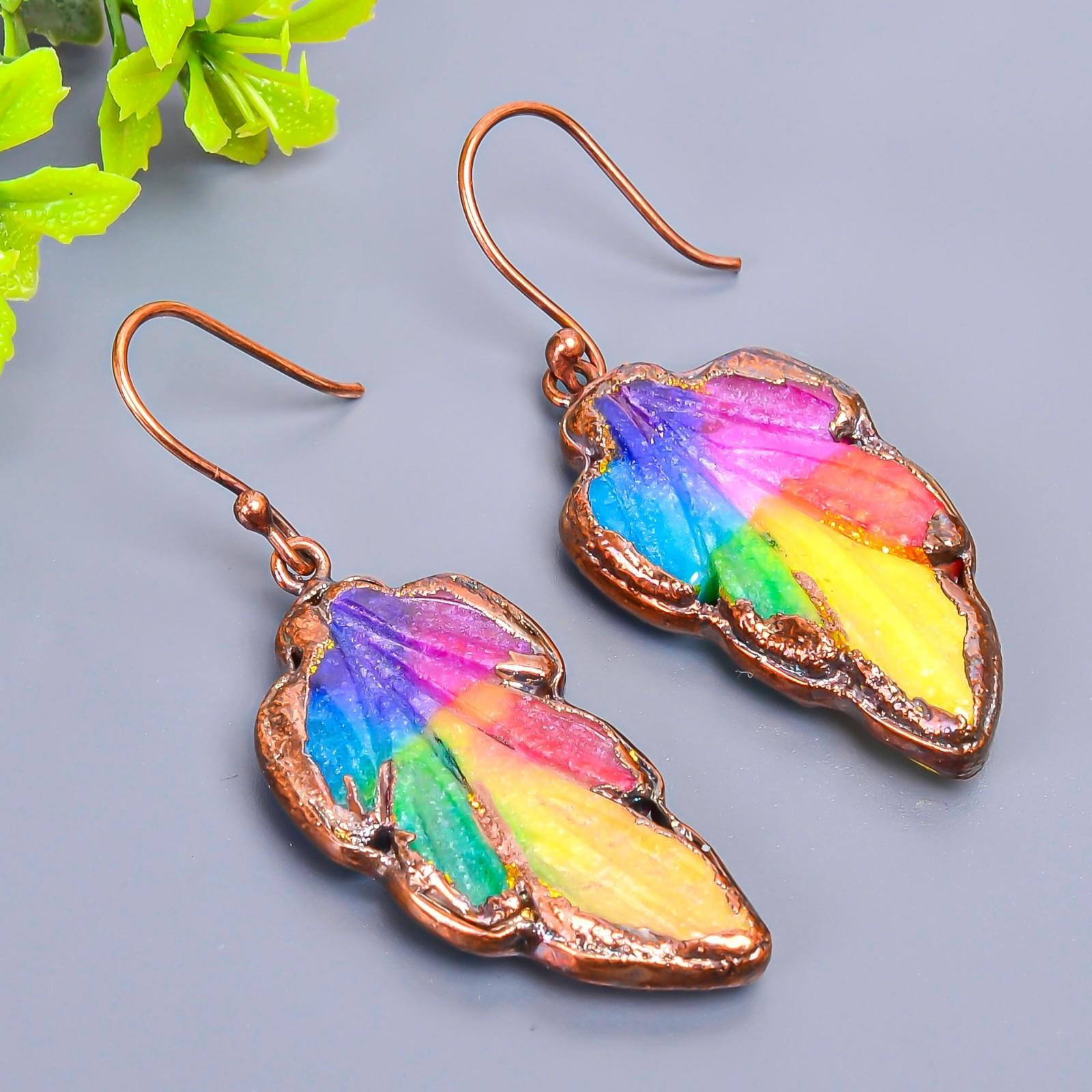 

Натуральный Радужный Солнечный Кварц Медь День Рождения Висячие Серьги Капли Этнические Украшения V-2