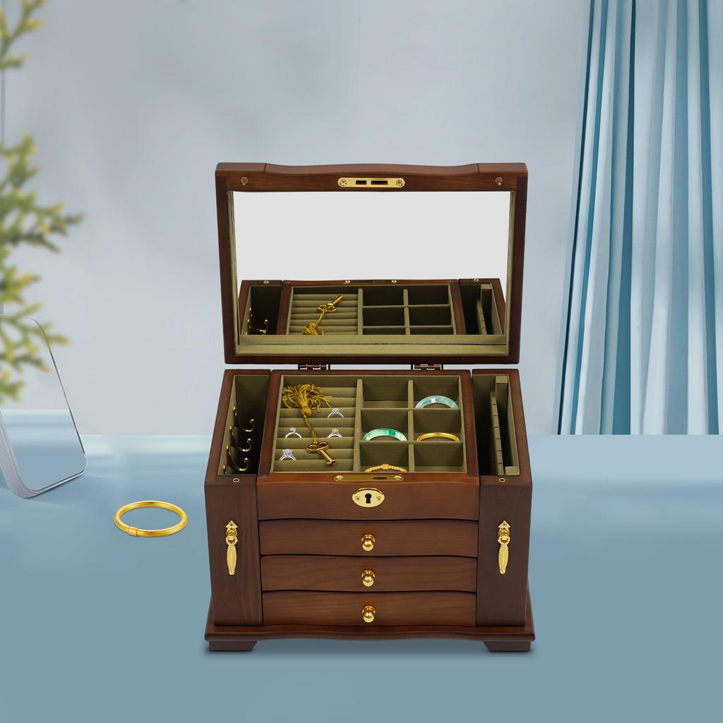 Bymaocar 4-layer Solid Wood Lockable Jewelry Box, Compact Jewelry Storage Cabinet with 3 Drawers and Double-sided Compartments