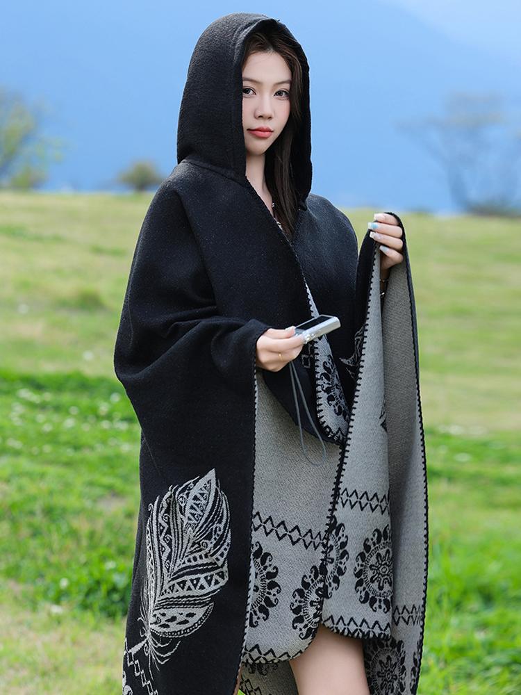 Winter Women Scarf Hooded Layers Poncho Elegant Lady Retro Floral Print Warm Wrap Shawl Scarve Capa Para Mujer Pashmina Cloak