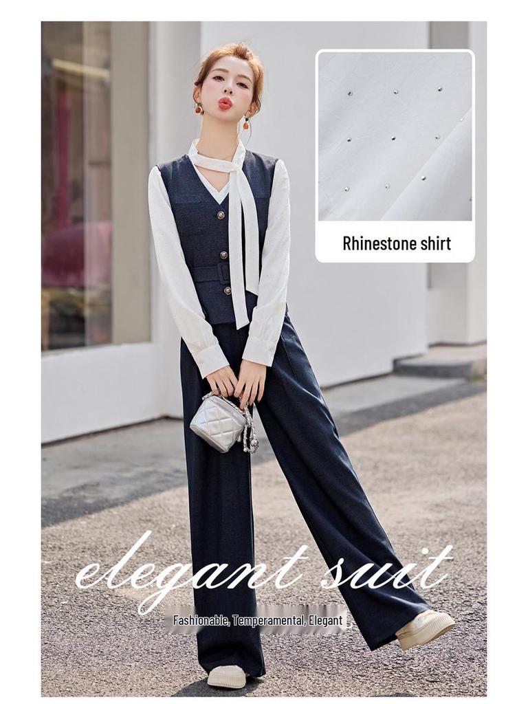 Women's Fashionable Spring 2025 Suit: Stylish Shirt, Denim Vest & Wide-Leg Pants Set YF2551