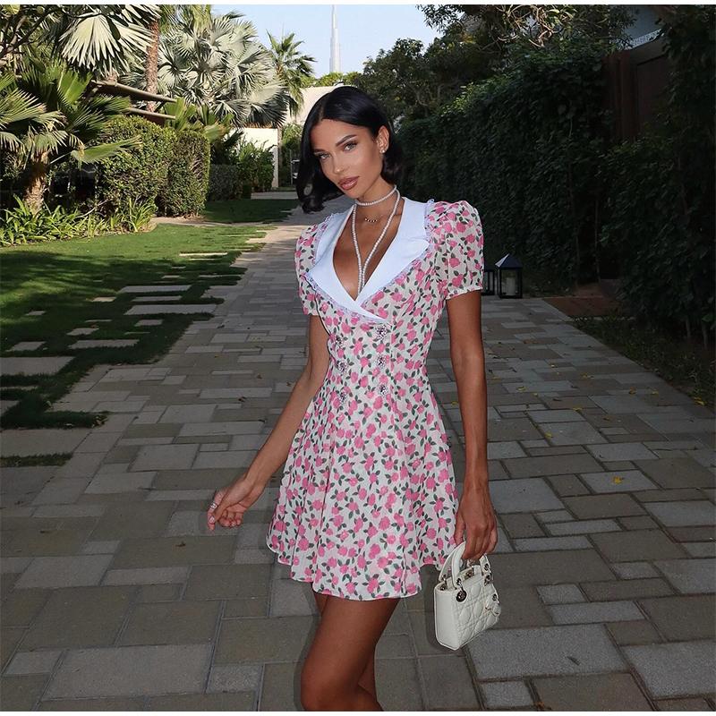 Damska sukienka z nadrukowanym kołnierzykiem i bufiastymi rękawami z nadrukowaną dekoracją na lato Nowa odzież Dopasowana Temperament Damska sukienka mini z podkreśleniem talii