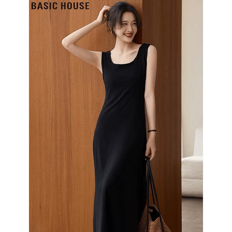 Basic House Black Sleeveless Square Neck Dress L