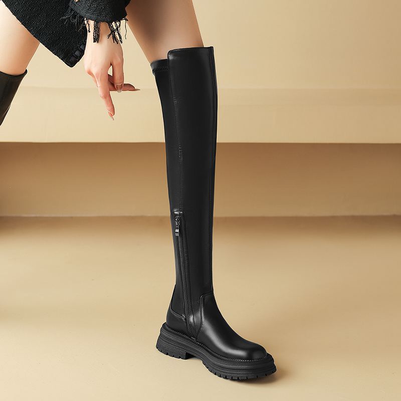 Krazing Pot Microfiber Autumn Winter Shoes Med Heels Flat Platform Size 42 Over-the-knee Boots Slip On Elastic Thigh High Boots