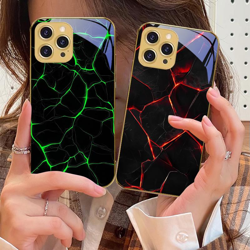 Red Lava Texture Pattern For IPhone 16 Pro Max 15 P Ro 14 13 Plus 12 Mini 11Pro Max XS Max XR Golden Tempered Glass Phone Case