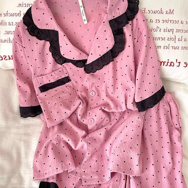 

Korean version of cute pink lace polka dot pajamas women s new short-sleeved shorts summer Korean version loungewear set s [recommended 35-40kg]