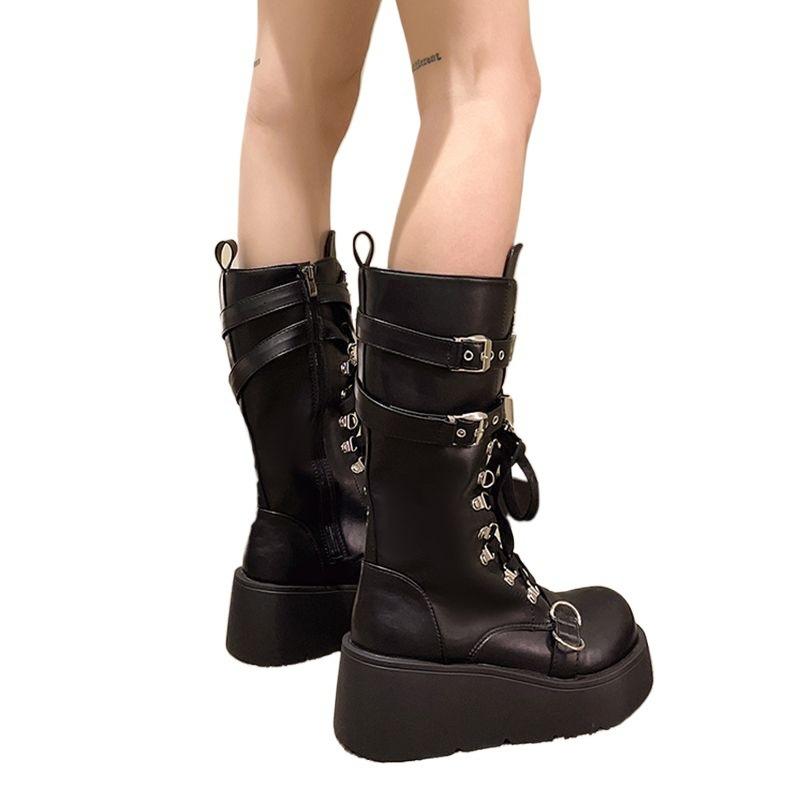 Sweet Cool Spice Girl Metal Punk Style Platform Locomotive Boots Women's New Slope Heel Tall Knight Boots