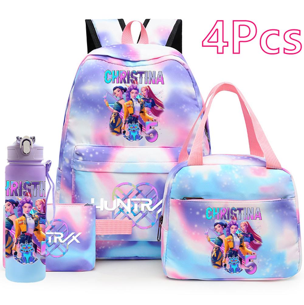 4Pcs/set K-Pop Demon Hunters Printed Backpack Handbag Pencil Case 750Ml Water Bottler for Teenager Boy Girl Large Capacity Waterproof Schoolbag