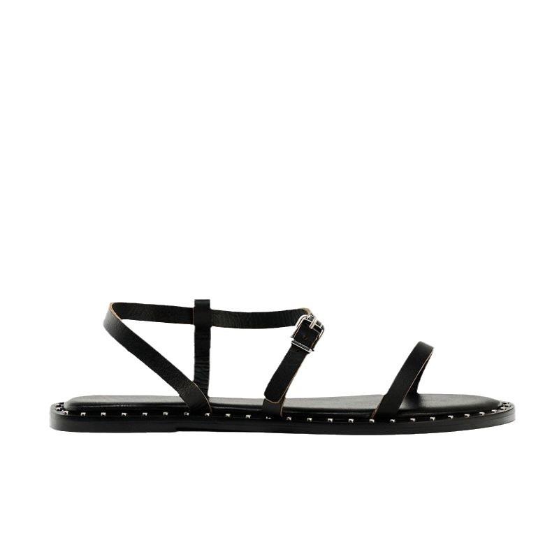 Stylish Vintage Leather Rivet Trimmed Flat Sandals