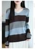 Korean Color Block V-Neck Knit Sweater - Women's Casual Striped Loose Fit for Early Autumn