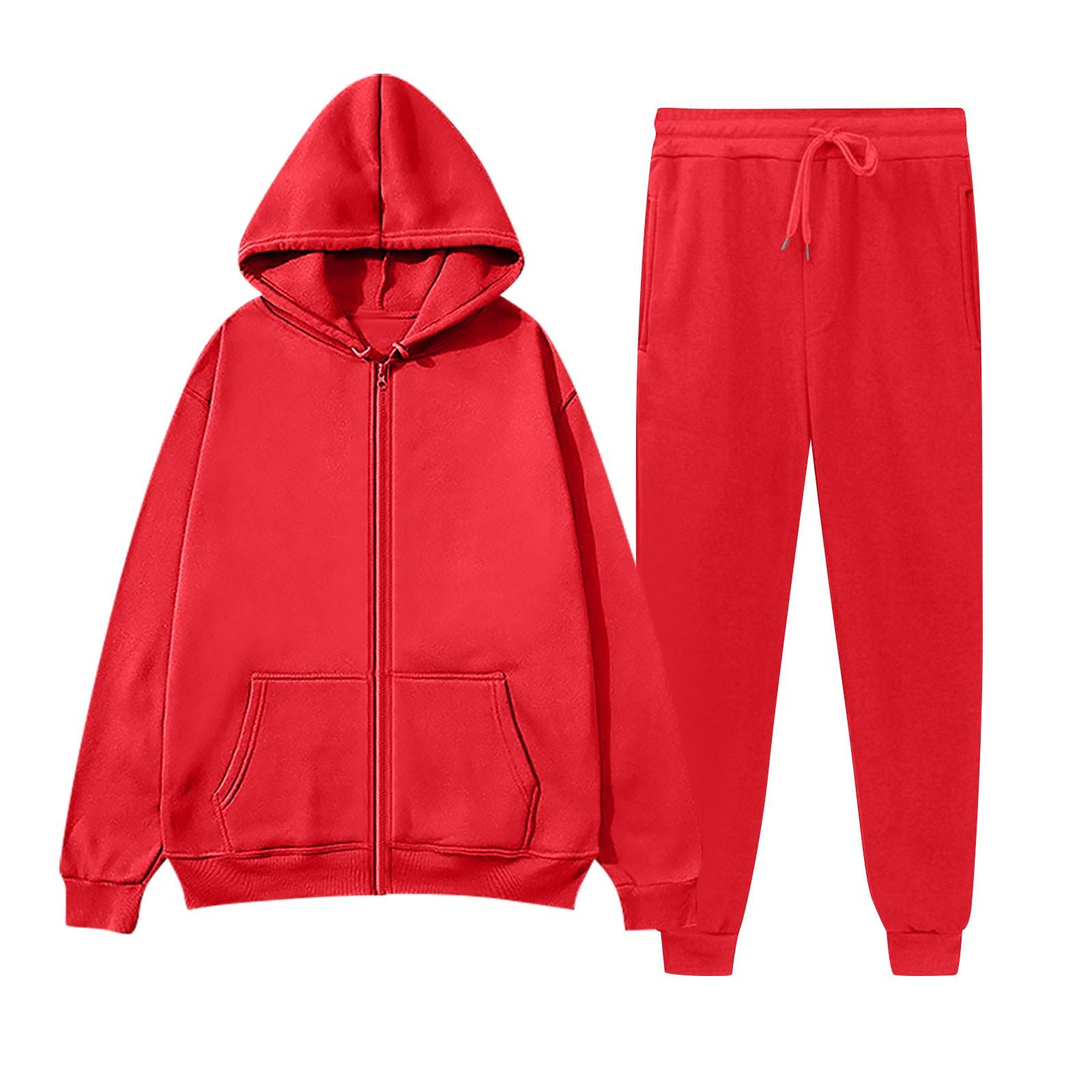 

Женский модный повседневный однотонный спортивный комплект Fashion Hugh, кардиган с капюшоном, толстовка + спортивные штаны XL красный