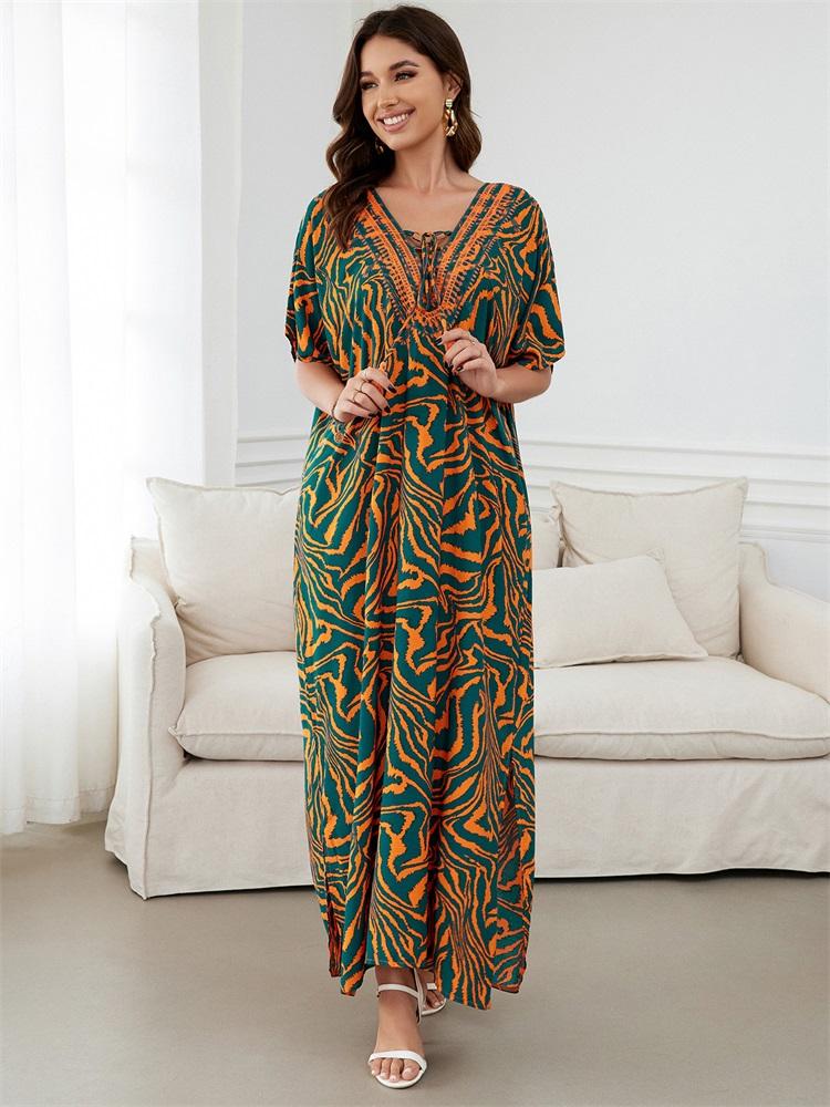 Orange Zebra-Print Locker Kaftan Sexy Strand-Coverups Für Frauen Sommer V-Ausschnitt Quasten Bindeband Seitenschlitz Robe Gemütliches Lässiges Hauskleid