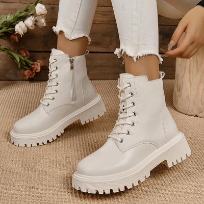 Fashion Winter Warm Short Plush Ankle Boots Women Fashion Zip Lace Up Platform Combat Boots Woman Comfy Low Heels Pu Leather Botas Mujer