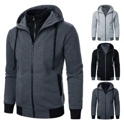 Men Autumn Winter Coat with Hood And Dual Pockets Zipper Closure Drawstring Colorblock Fake Two-piece Sport Jacket with Elastic Cuffs And Hem