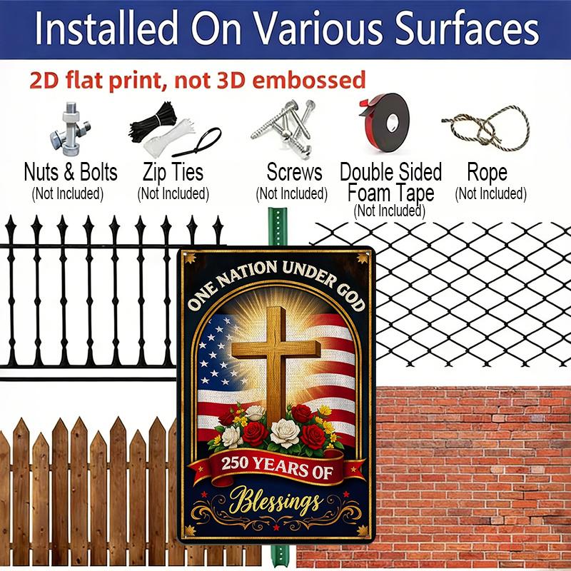 2D Flat Decorative 8×12 Inch Aluminum Plaque Metal Sign | One Nation Under God 250 Years of Blessings: US Flag & Patriotic Floral Design; Celebrate