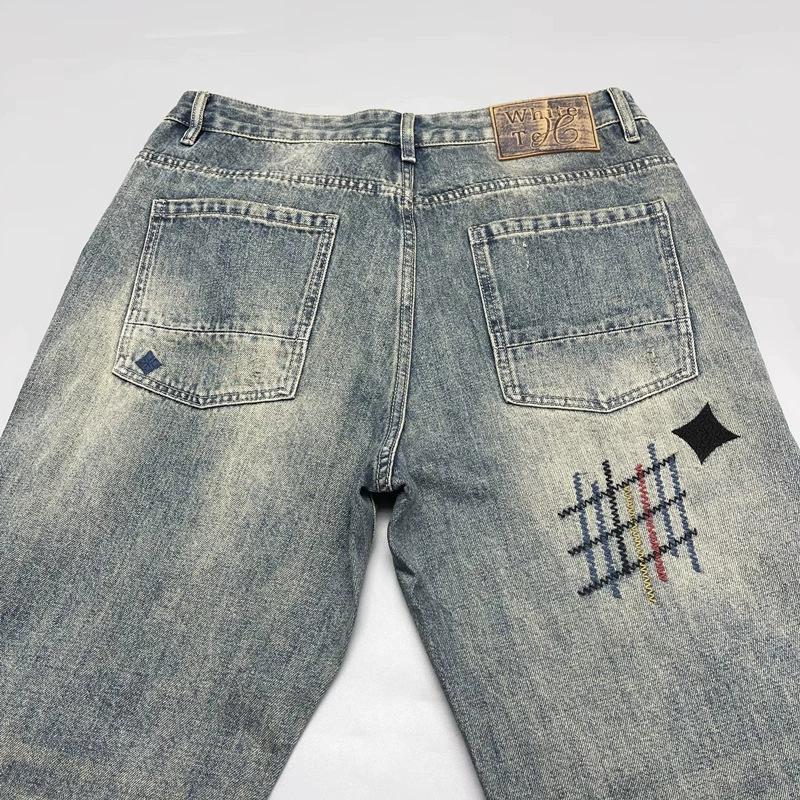 Four Seasons New Fashion Men's American High Street Hole Patched Loose Wide Leg Jeans Pants Vintage Washed Denim Trousers Male