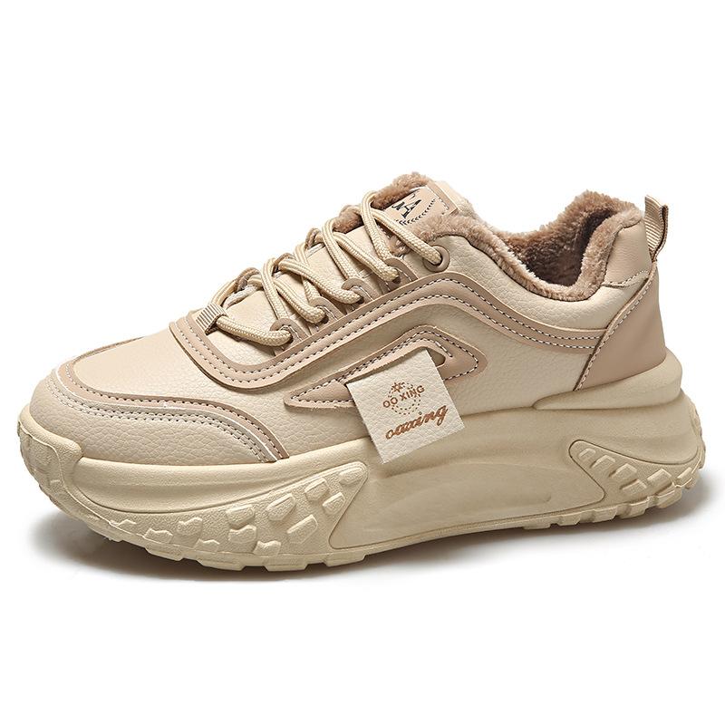

Leather thick-soled inner height-increasing women s shoes are fashionable and versatile, color matching and velvet 2025 autumn and winter new fashion 40 бежевий