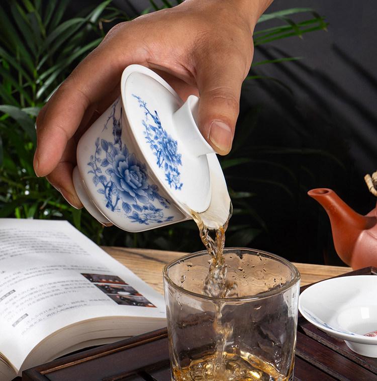Chaozhou Blue and White Porcelain Gongfu Tea Set: Gaiwan, Mini Tea Cup, and Bowl